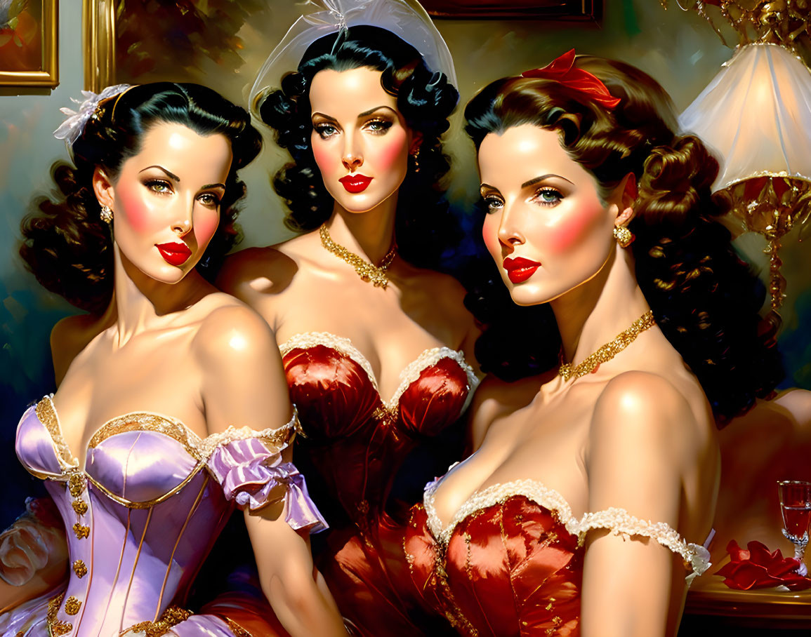 Elegant Vintage-Inspired Attire on Three Women