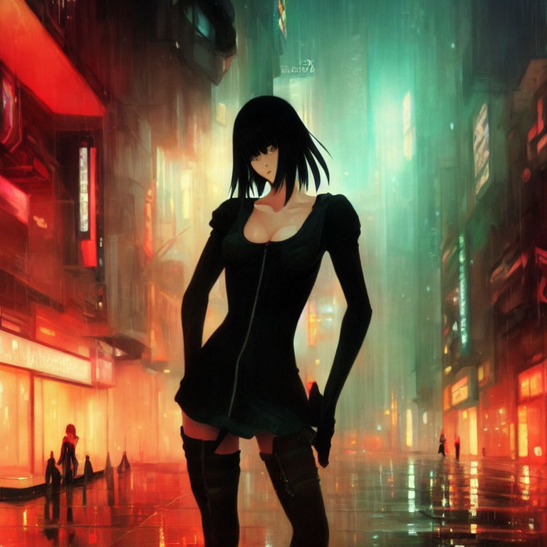 Black-haired woman in dark outfit surrounded by neon-lit city streets