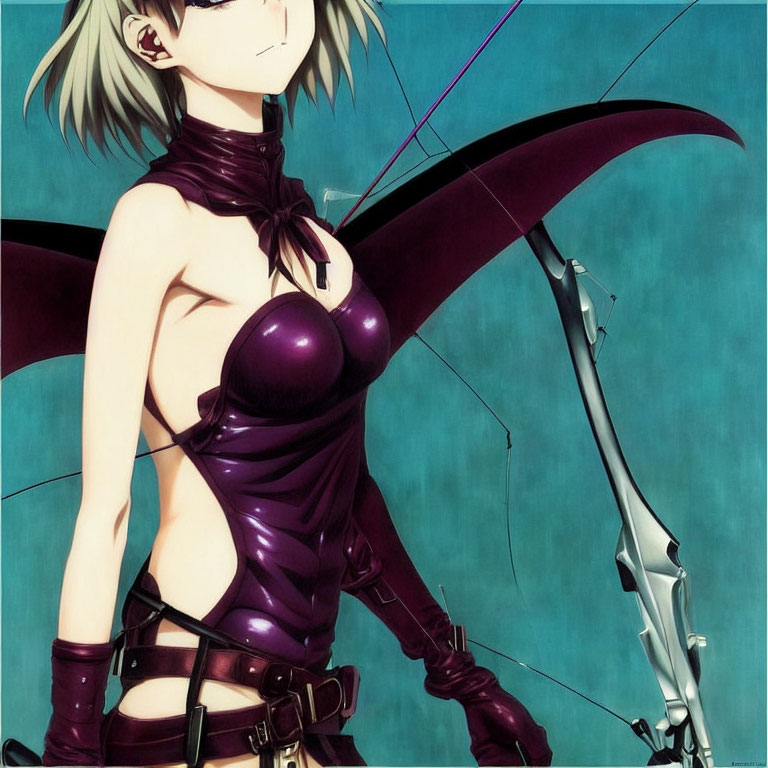 Blond-Haired Female Anime Character in Dark Purple Bodysuit with Futuristic Bow