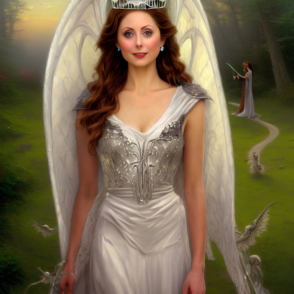 Mystical forest scene with woman in angel wings and tiara