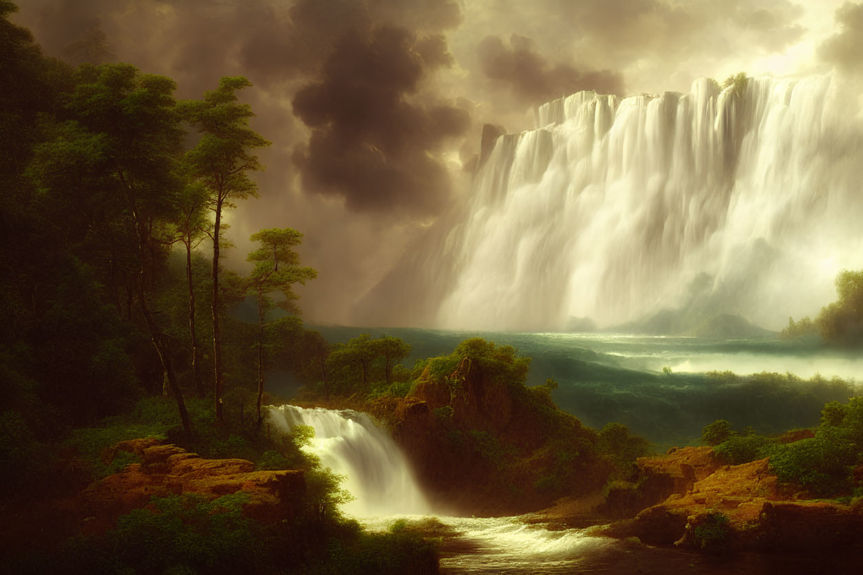 Serene waterfall flowing into lush river amid golden light