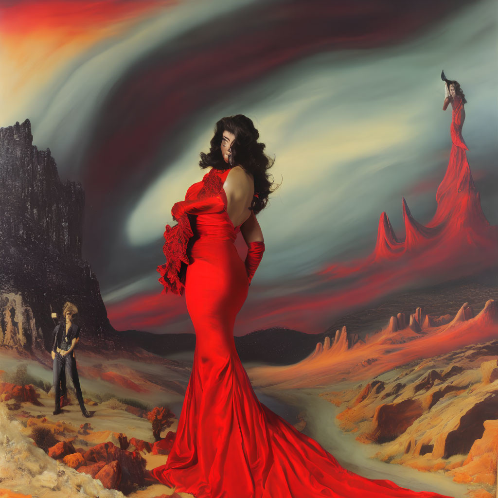 Surreal landscape with swirling skies and red-dressed figures amid dramatic rock formations