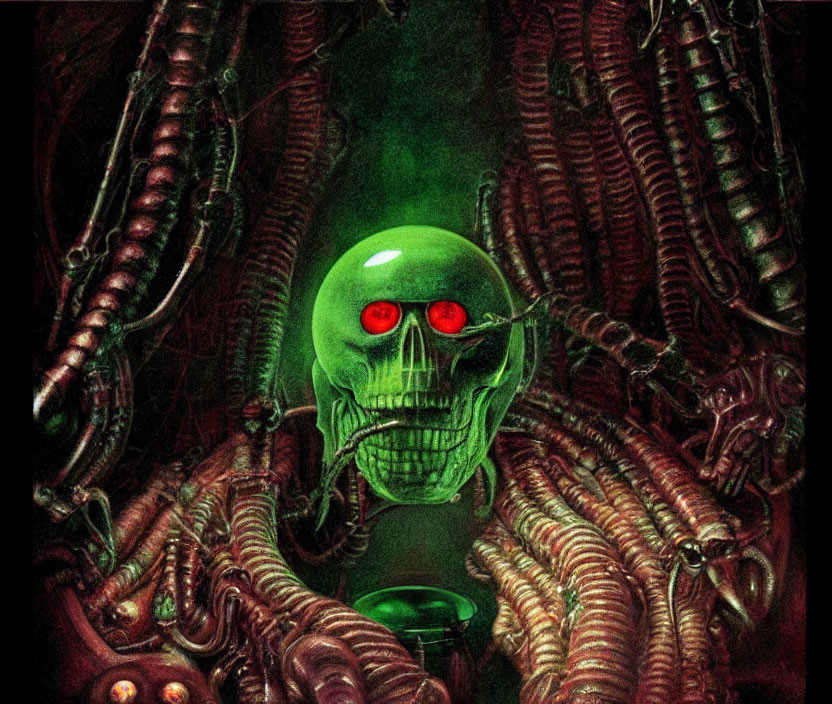 Glowing green skull with red eyes and mechanical tendrils in dark cybernetic setting