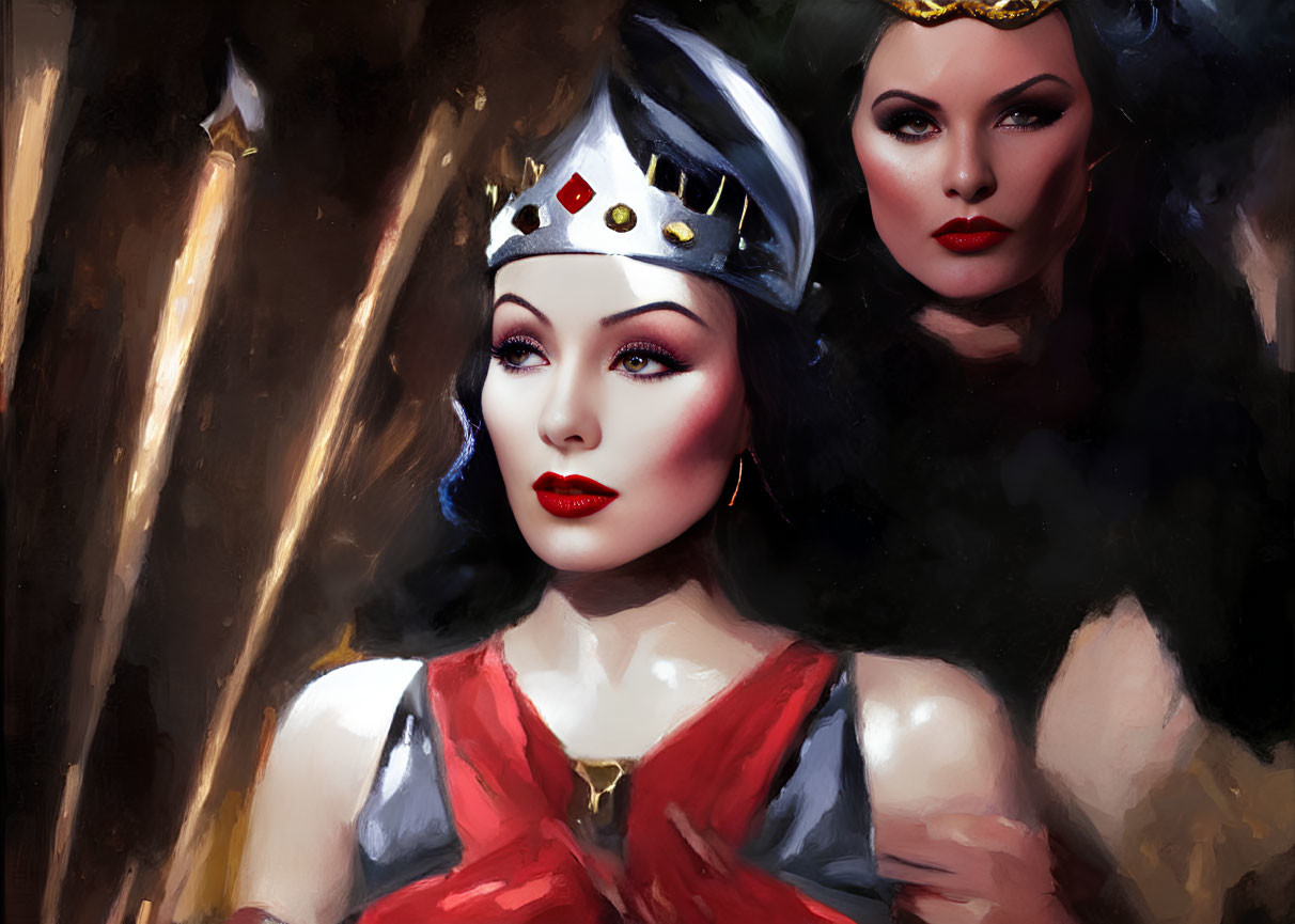 Dual Portrait of Stylized Queen and Sorceress Figures