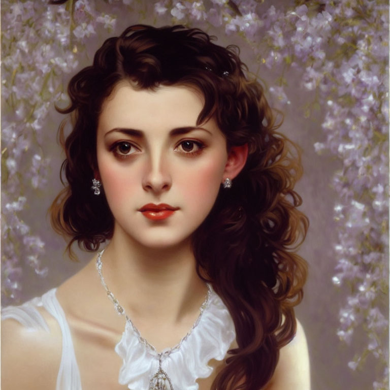 Portrait of woman with dark curly hair, fair skin, red lips, white dress, diamond earrings,
