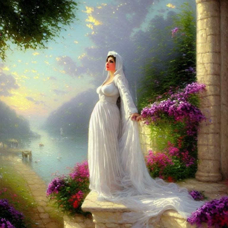 Woman in flowing white gown by serene lake with blooming flowers