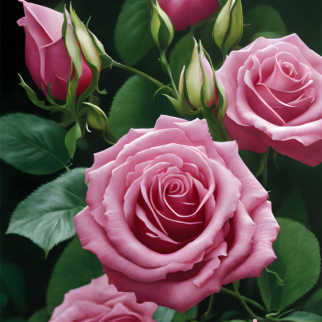 Vibrant pink roses in different bloom stages on dark background