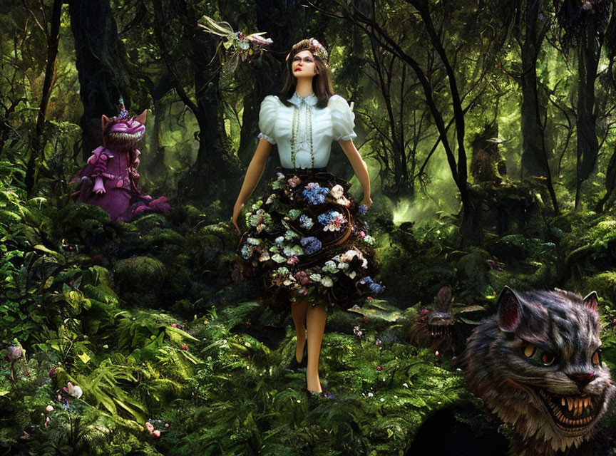 Woman in floral dress with grinning cat and purple creature in enchanted forest