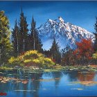 Autumn Landscape Painting with Lake, Mountains, and Sky