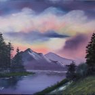 Tranquil landscape painting of serene lake, lush trees, and mountain under purple sunset.