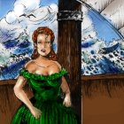 Red-haired woman in green dress by sea with flying seagulls