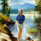 Woman in Blue Shirt Walking in Shallow River with Mountainous Backdrop