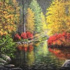Tranquil stream in vibrant autumn forest with sunlit foliage