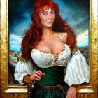 Red-haired woman in historical costume before painted landscape portrait