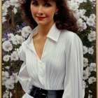 Brunette Woman Smiling in White Blouse and Blue Skirt