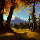 Tranquil autumn forest with golden leaves, sun rays, deer, and distant mountains
