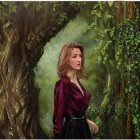 Woman in burgundy blouse and black skirt standing in lush forest