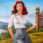 Digitally altered portrait of a confident redhead woman in white blouse and gray skirt against pastoral backdrop with castle
