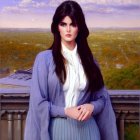Portrait of Woman in Lilac Dress Against Pastel Landscape