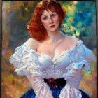 Red-haired woman in Victorian dress against nature backdrop