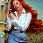 Woman with long red hair in white blouse and blue skirt leaning on ornate balustrade