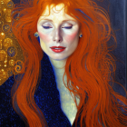 Vibrant red-haired woman with closed eyes, golden background, and blue textured clothing