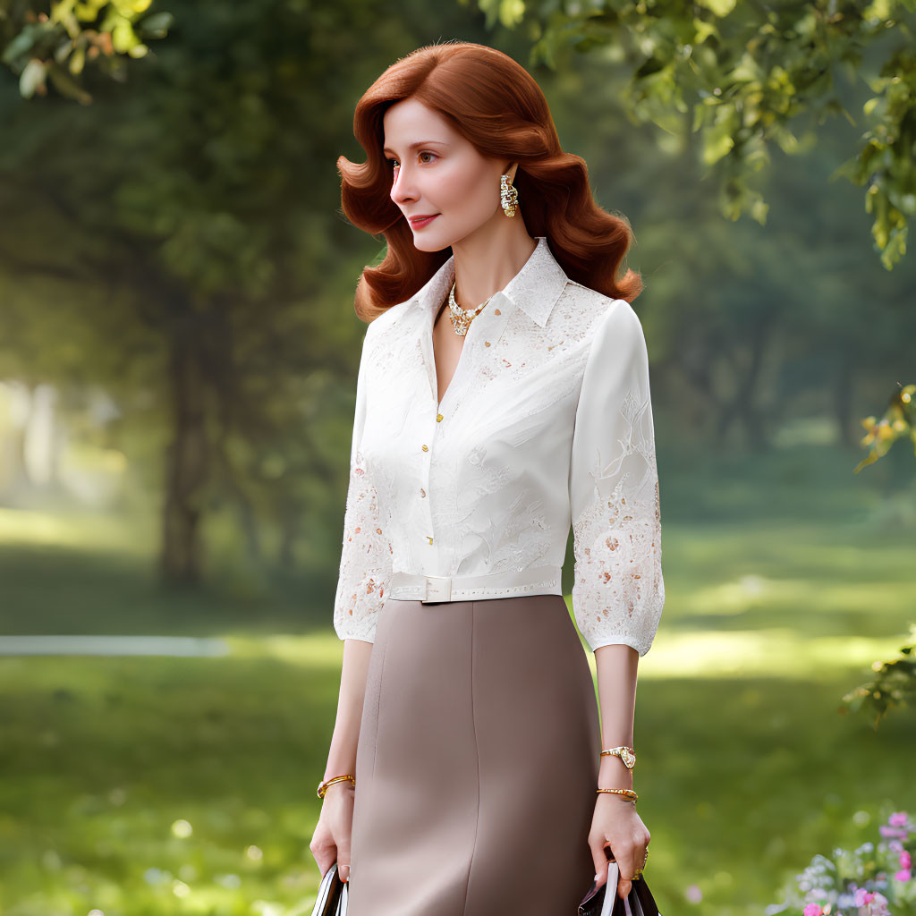 Red-haired woman in white lace blouse and beige skirt in sunlit park