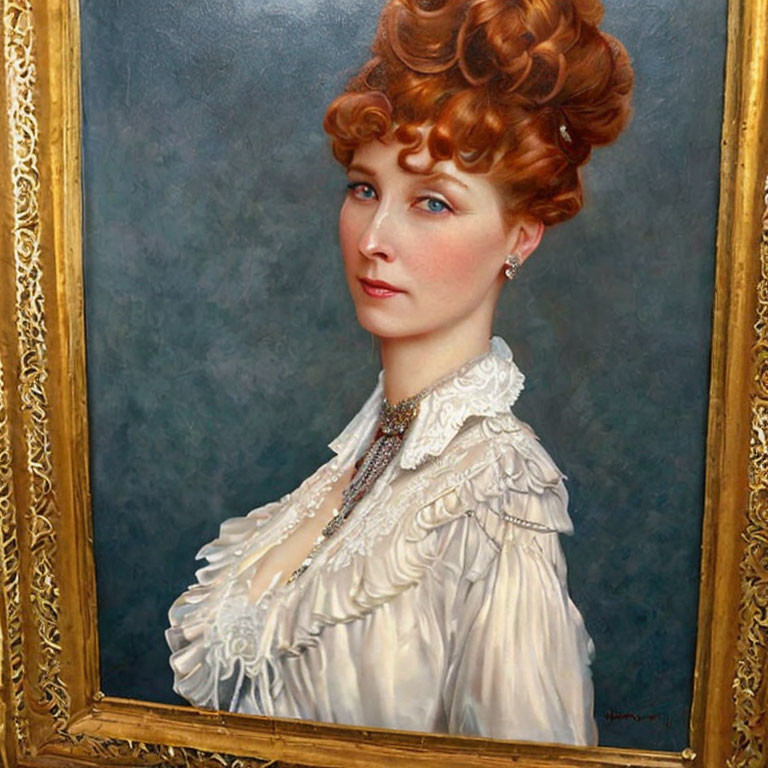 Realistic framed painting of woman with red hair in updo and pearls