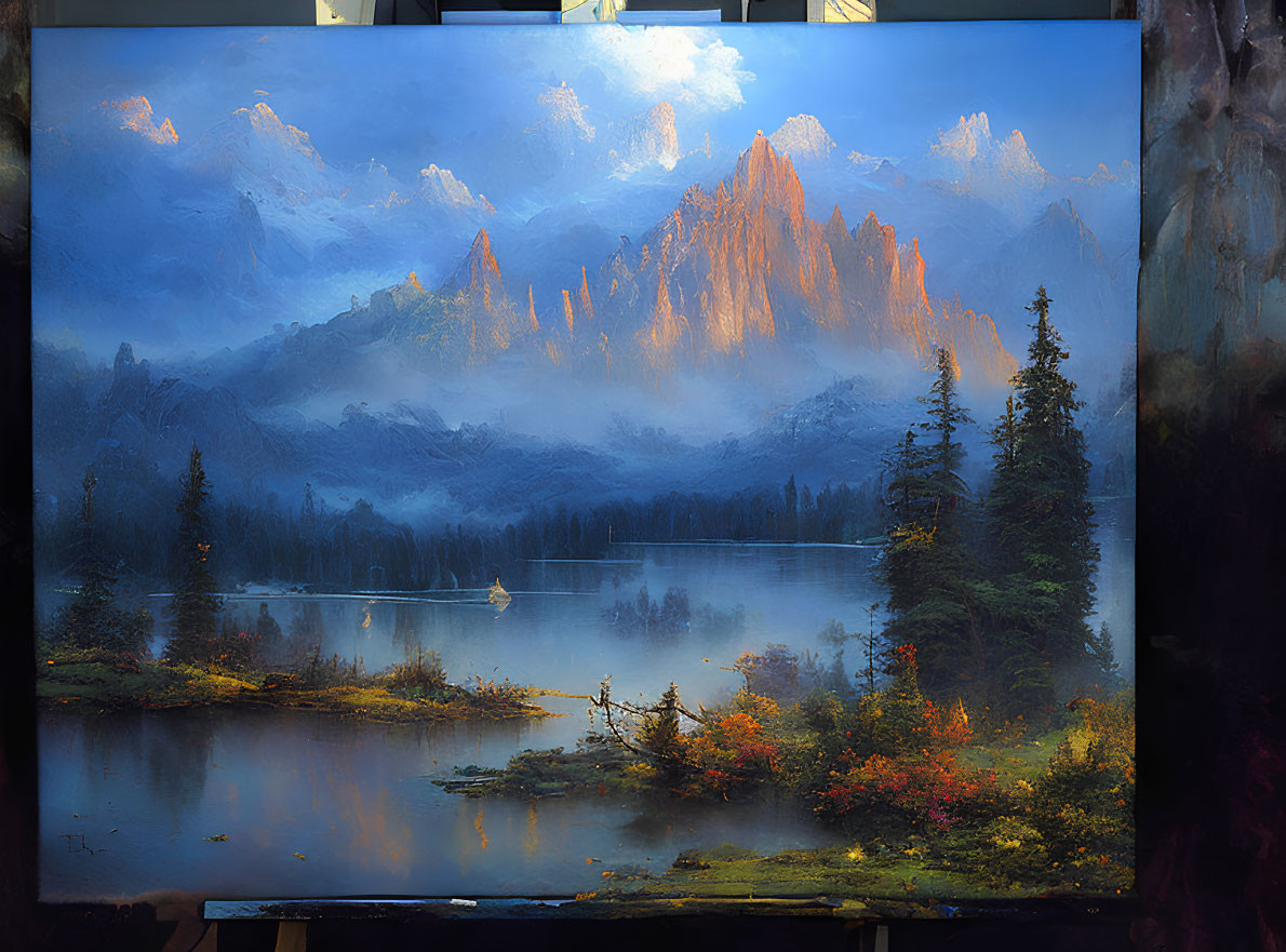 Sunlit mountain peaks, misty forests, serene lake, and boat in vibrant landscape.