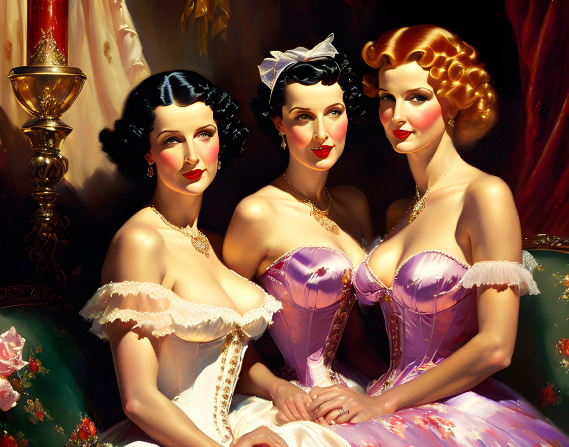 Vintage-style painting of three women in purple corsets and frilly adornments on a red drap