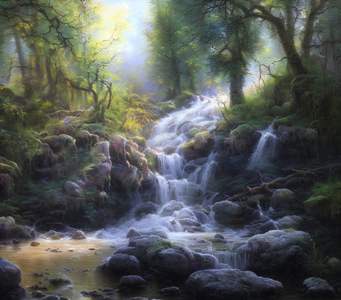 Sunlit waterfall cascading over moss-covered rocks in tranquil woodland oasis
