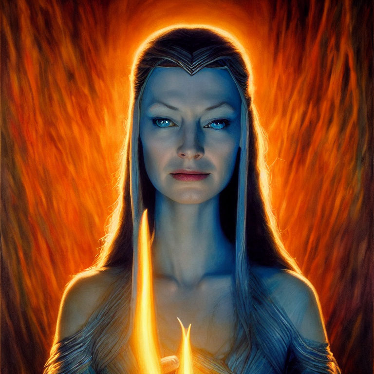 Portrait of woman with crown and mystical object in fiery background