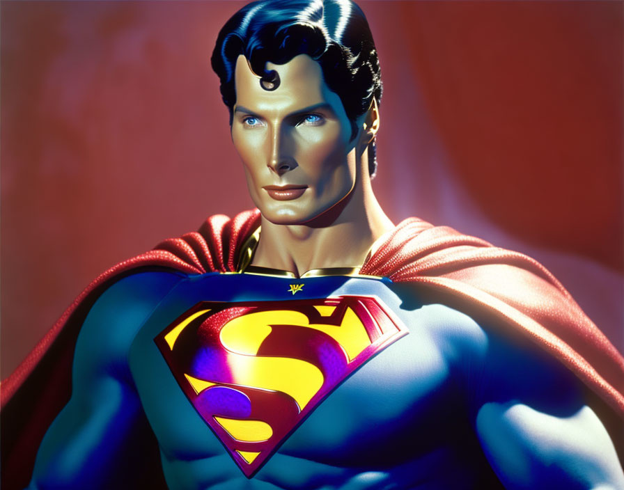 Iconic Superman image with blue suit, red cape, and 'S' shield on chest against red