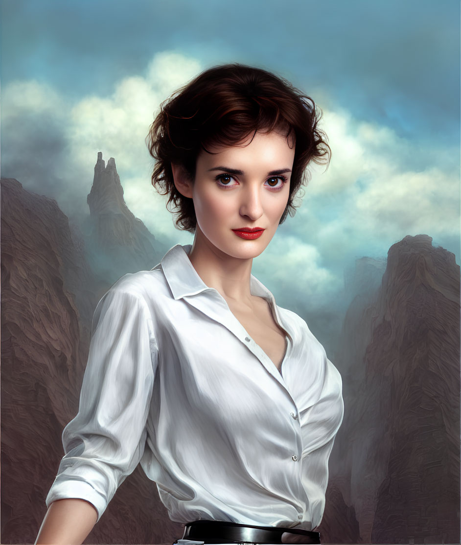 Digital portrait of woman with short, wavy hair in white shirt against mountainous landscape & cloudy skies