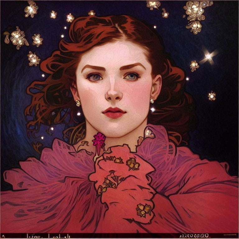 Woman with Red Hair in Pink Dress Amid Night Sky and Glowing Flowers