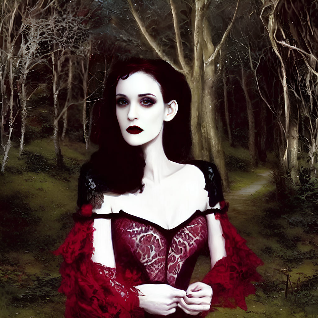 Pale woman with gothic makeup in red and black corset in dark forest