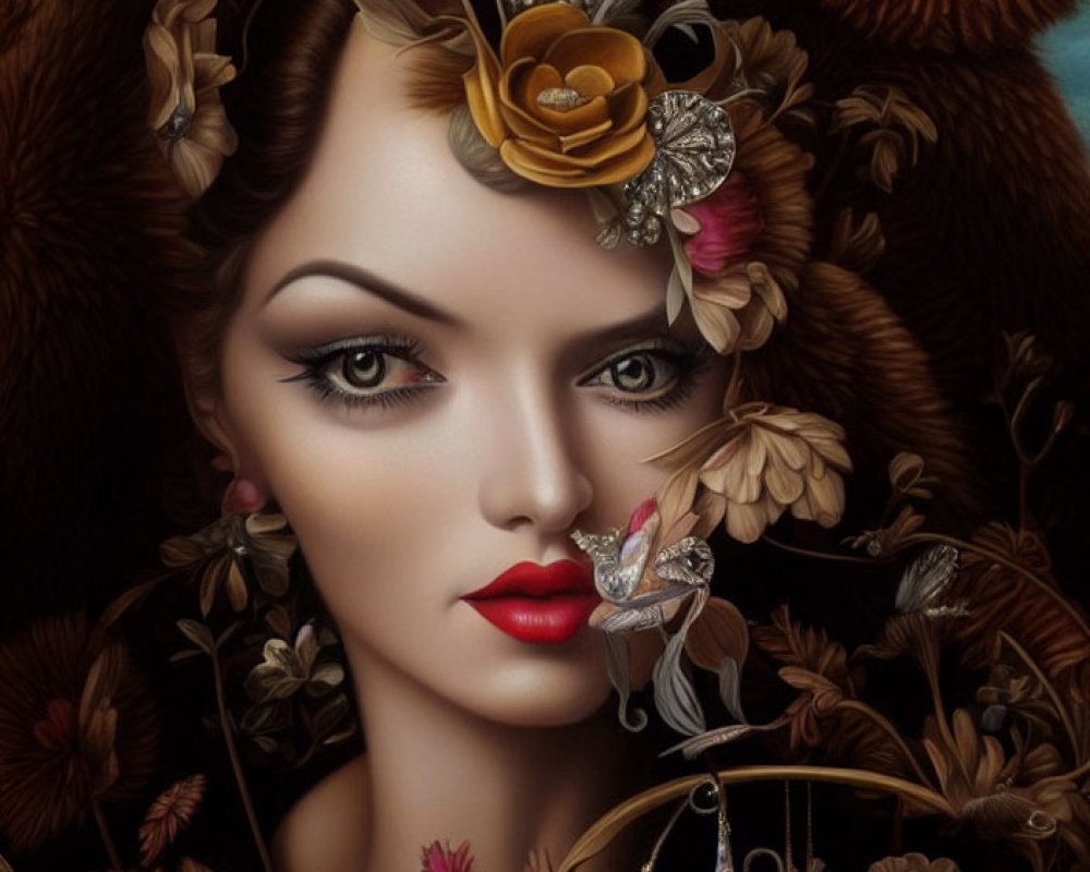 Colorful surrealistic portrait of a woman with floral and butterfly headdress