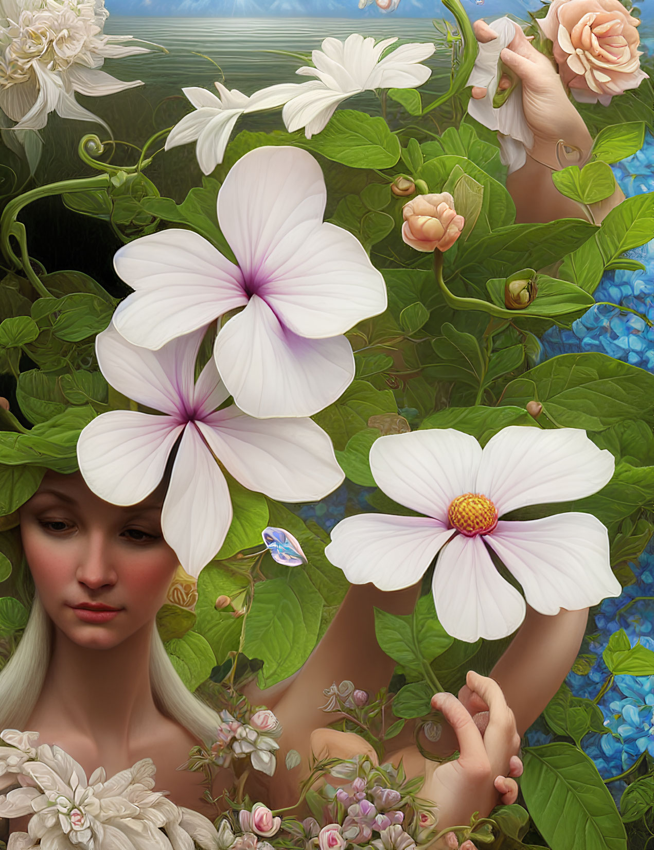 Surreal portrait of serene woman with oversized flowers