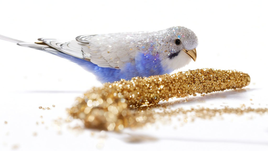 Sparkling Blue and White Artificial Bird with Gold Beads on White Background