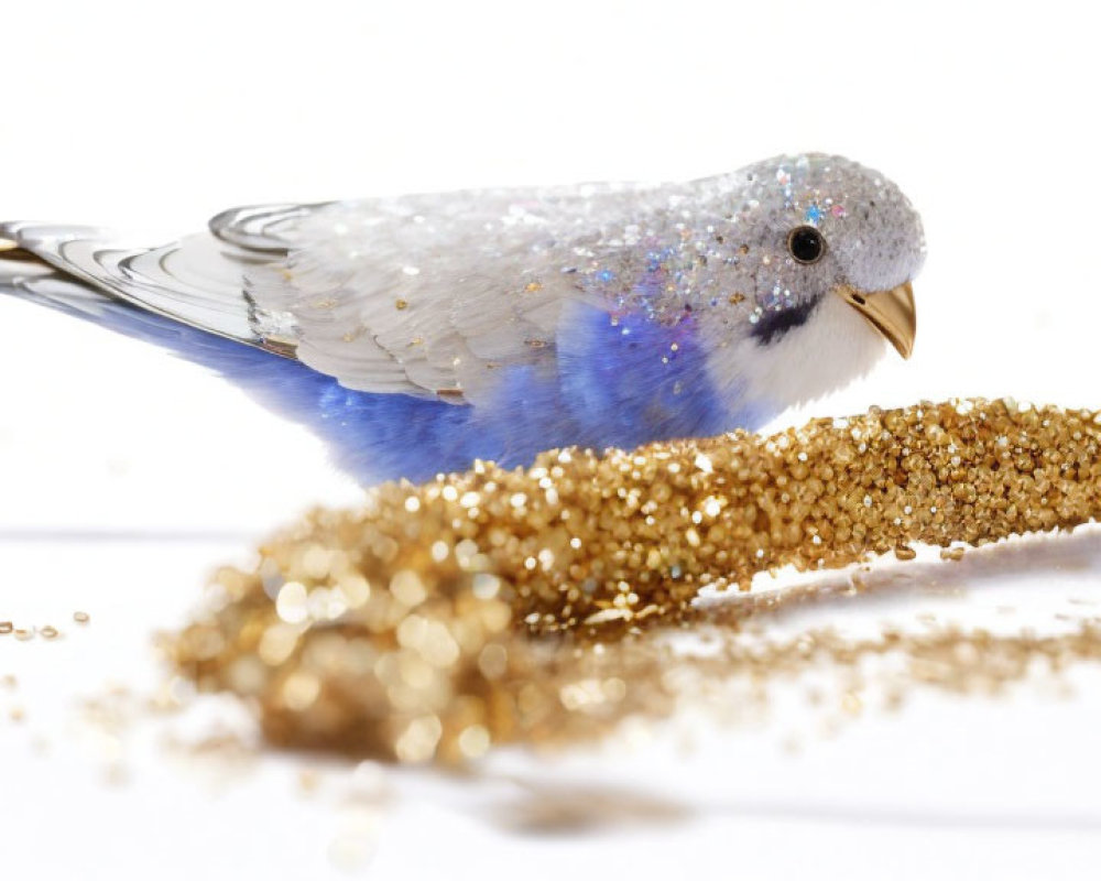 Sparkling Blue and White Artificial Bird with Gold Beads on White Background