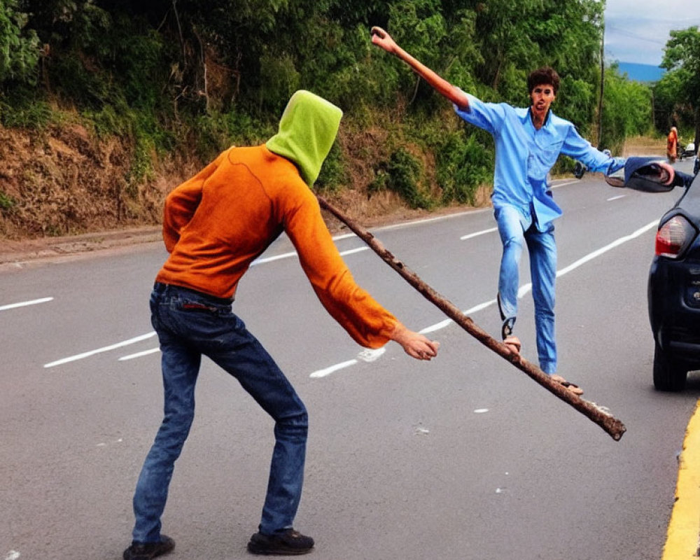 Two individuals playfully interacting with a large stick on a road.