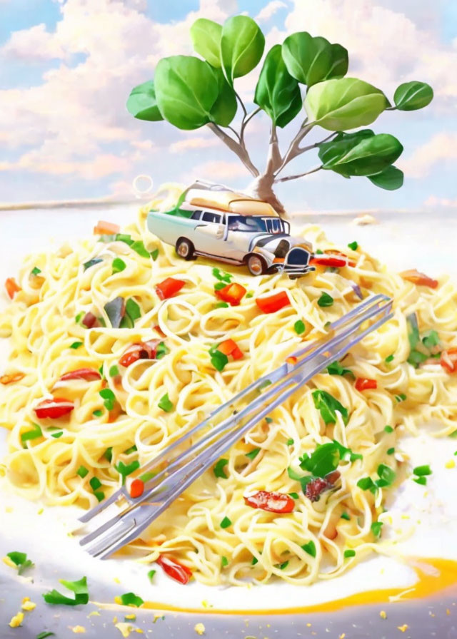 Whimsical artwork: toy van under tree on noodle mound, chopsticks, sunny sky