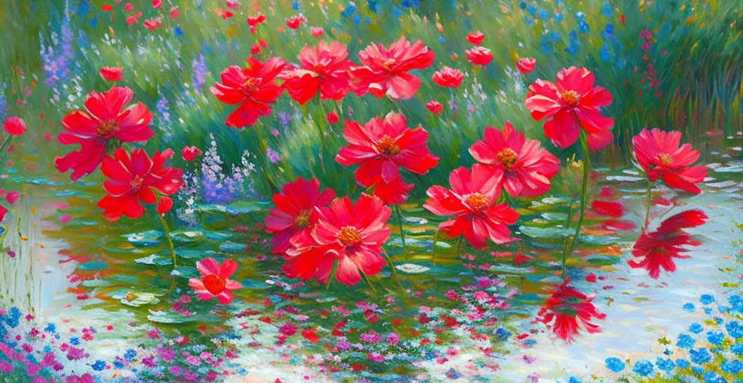 Colorful painting of red cosmos flowers by a pond with reflection