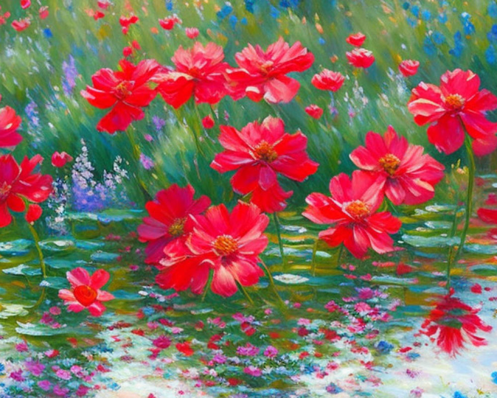 Colorful painting of red cosmos flowers by a pond with reflection