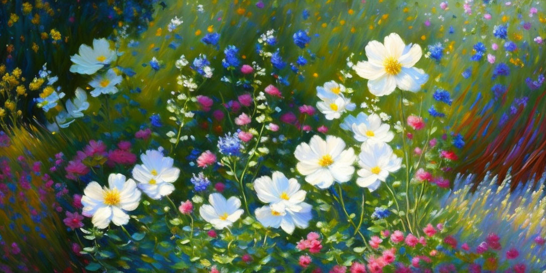 Colorful Wildflower Meadow Painting with White Cosmos and Lush Greenery