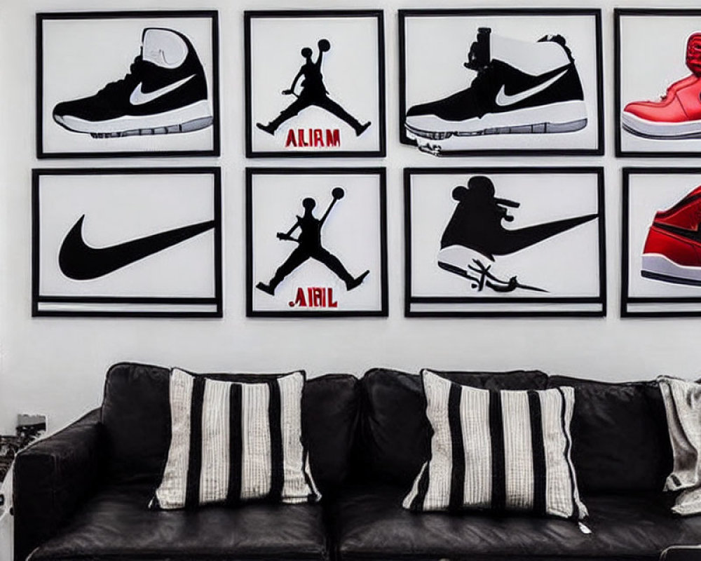 Modern Room with Black Sofa and Sports Brand Artwork