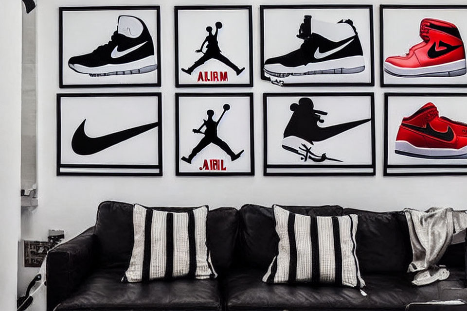 Modern Room with Black Sofa and Sports Brand Artwork
