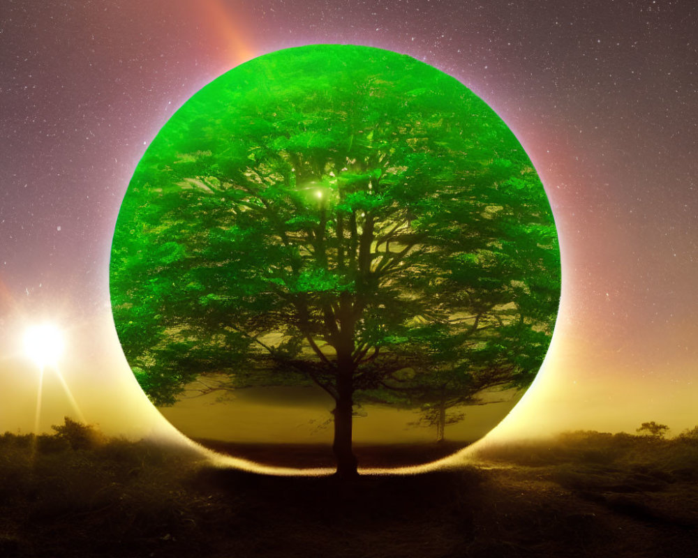 Surreal image of single tree with green aura under starry sky