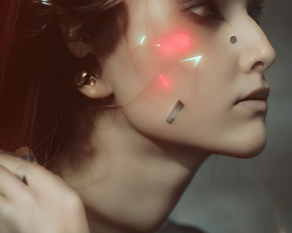 Futuristic makeup with holographic light projections on woman's face