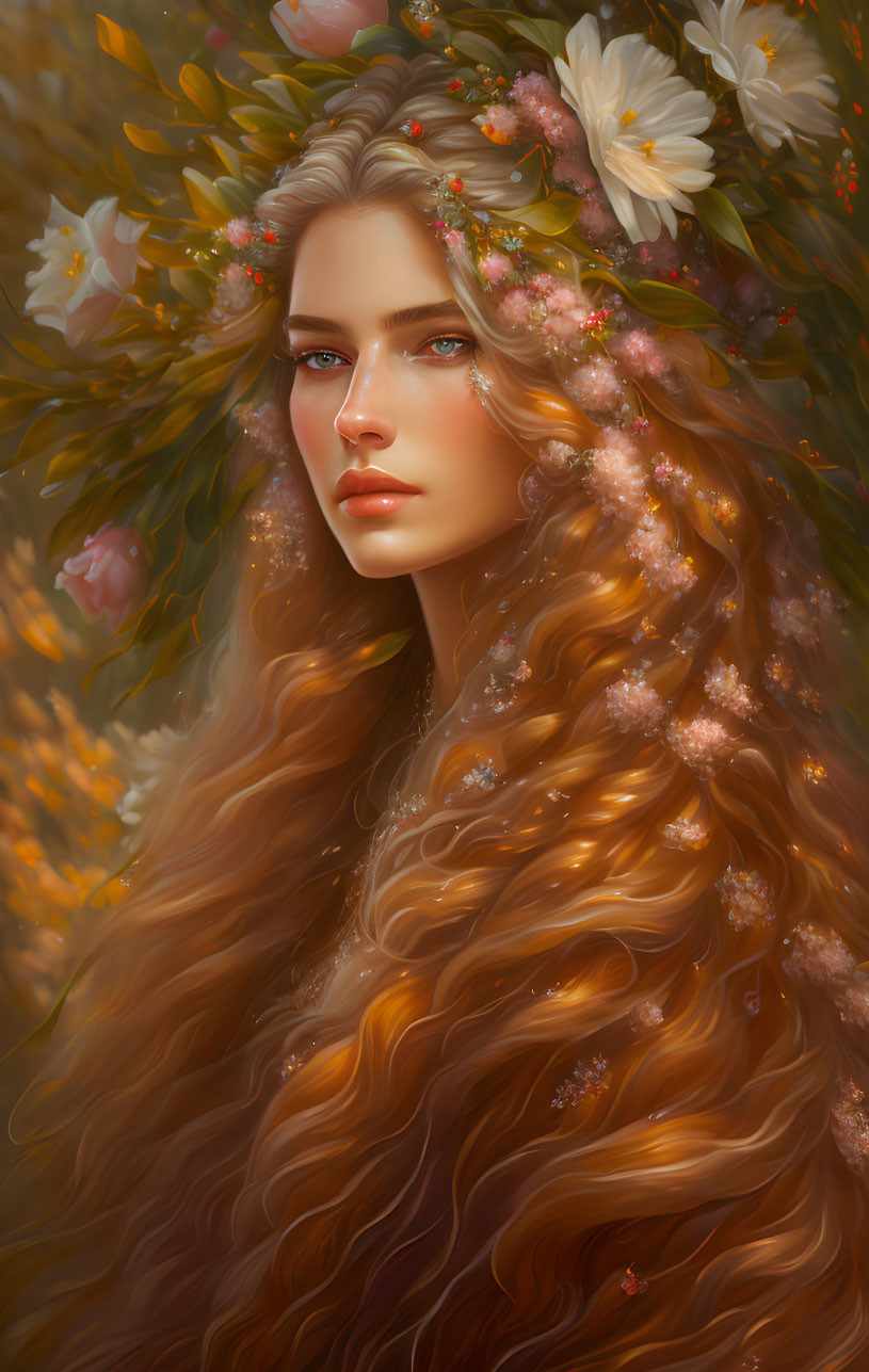 Portrait of woman with auburn hair, blue eyes, and floral adornments